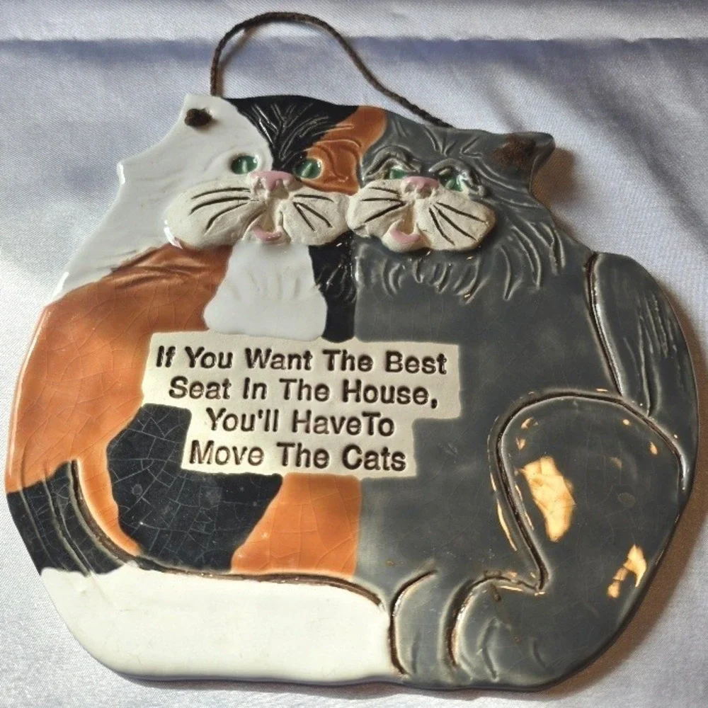 Vintage Green Eye Cats‎ Wall Plaque Humorous Quote Smokey Mountain Pottery 1993